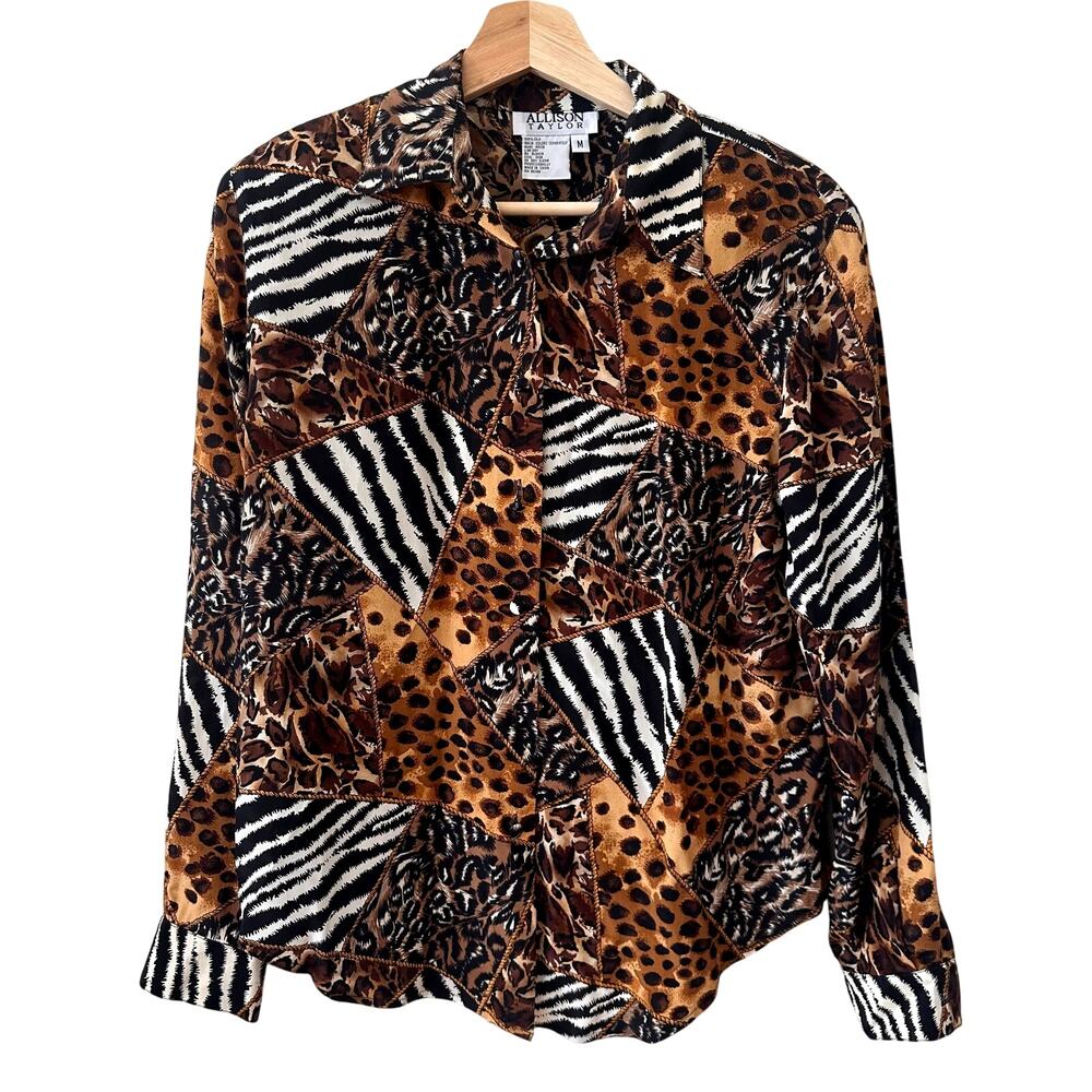 Vintage Allison Taylor 100% Silk Animal Cheetah Tiger Print Button up Blouse M